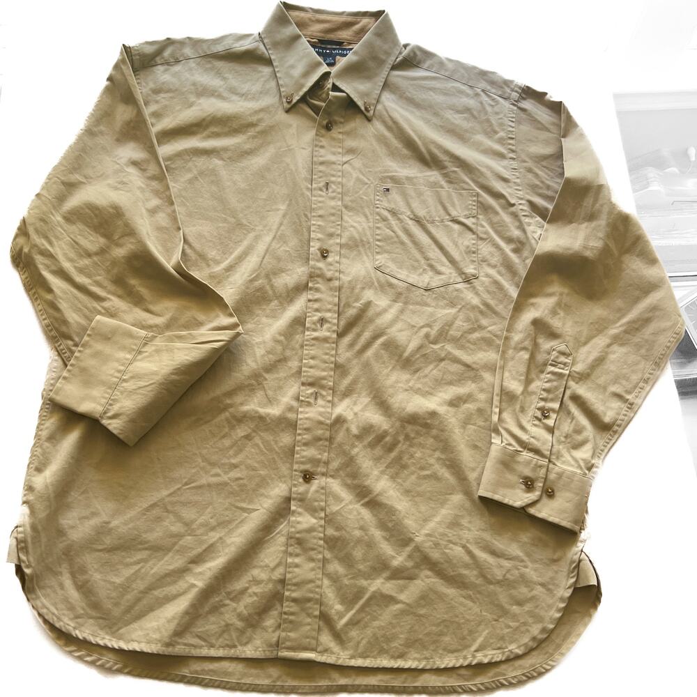 VTG Tommy Hilfiger Tan Longsleeve Button Down 100 Cotton Suede Collar Trim L